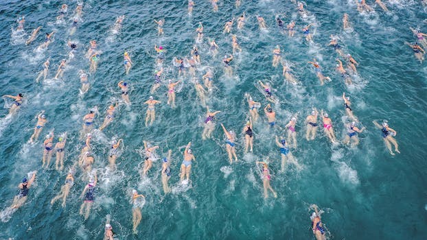 Drone view of swimmers in ocean water during race competition in tropical country